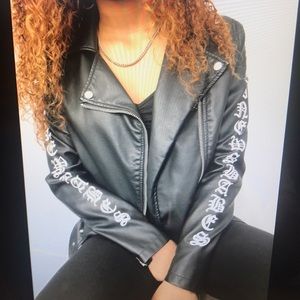 Mock leather jacket with letters on sleeve